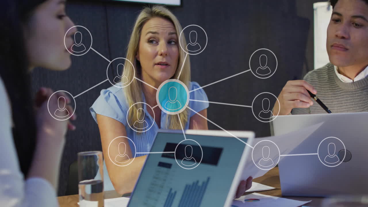 In business meeting, diverse professionals discussing with network connections animation