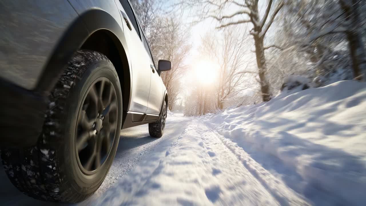 A vehicle gliding smoothly along a snow-covered path amidst a winter landscape showcases the serene beauty of snow-laden trees under the golden glow of sunlight filtering through the branches