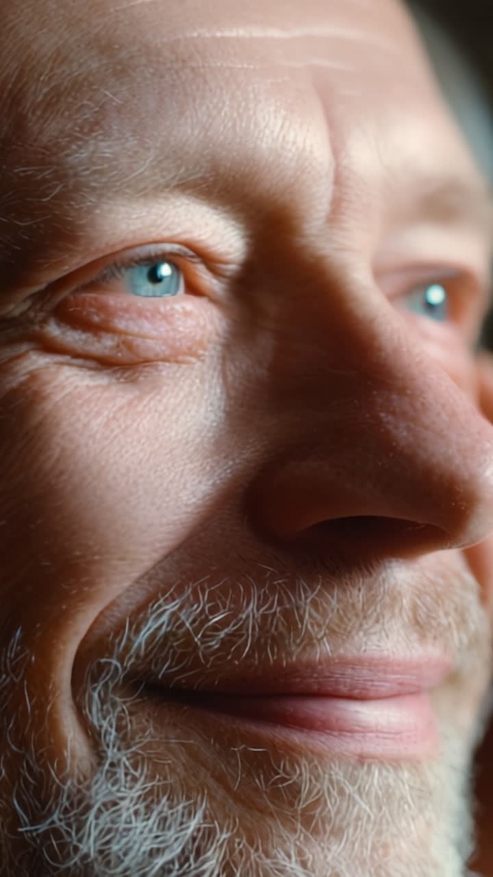 Intimate Portrait of an Aged Man with Sparkling Blue Eyes and Smiling Expression, Captured in Soft Natural Light, Highlighting Character and Wisdom in His Face