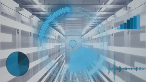 Animation-of-round-scanner,-statistical-data-processing,-light-trails-against-computer-server-room