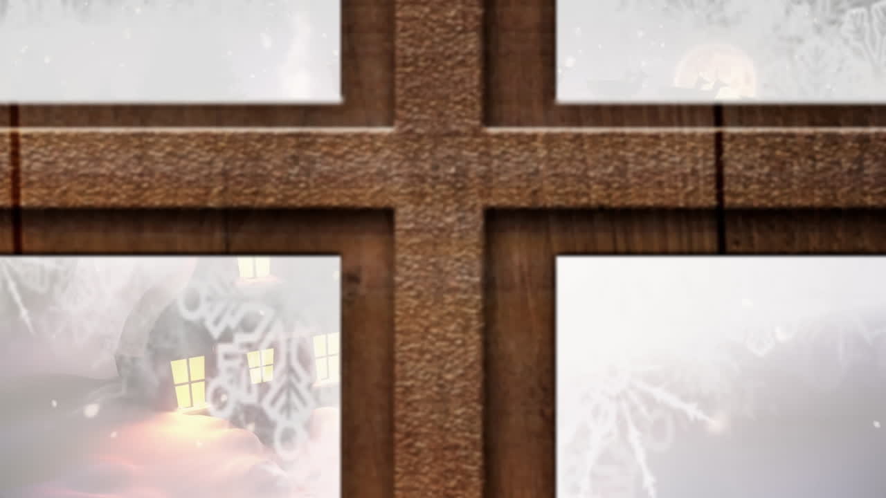 야간 하늘에 대한 겨울 풍경에 집 위에 내리는 눈에 대한 창문 열기의 애니메이션