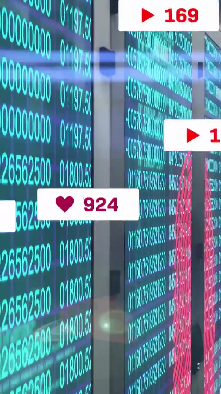 Video verticale: Schermo che mostra dati color verde acqua, un'onda rosa, un cursore che aggiorna i conteggi dei badge per la tecnologia