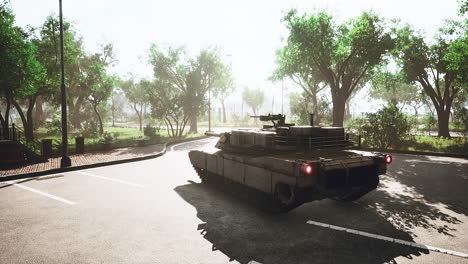 armored tank in big city