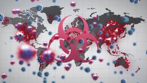 Animation-of-virus-cells-and-biohazard-symbol-over-world-map