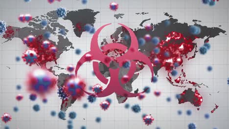 animación de células de virus y símbolo de peligro biológico sobre el mapa del mundo