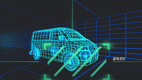 animación de escáner verde sobre modelo de furgoneta 3d moviéndose con un patrón sin costuras en un túnel sobre fondo negro.