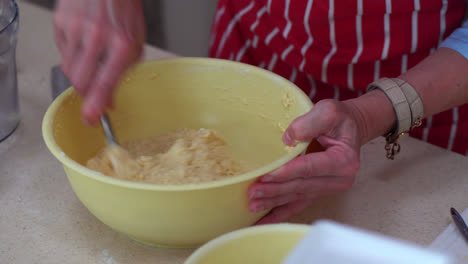 preparing bryndzove halusky dumpling. mixing cooked potato dough and soft sheep cheese in a bowl. close up
