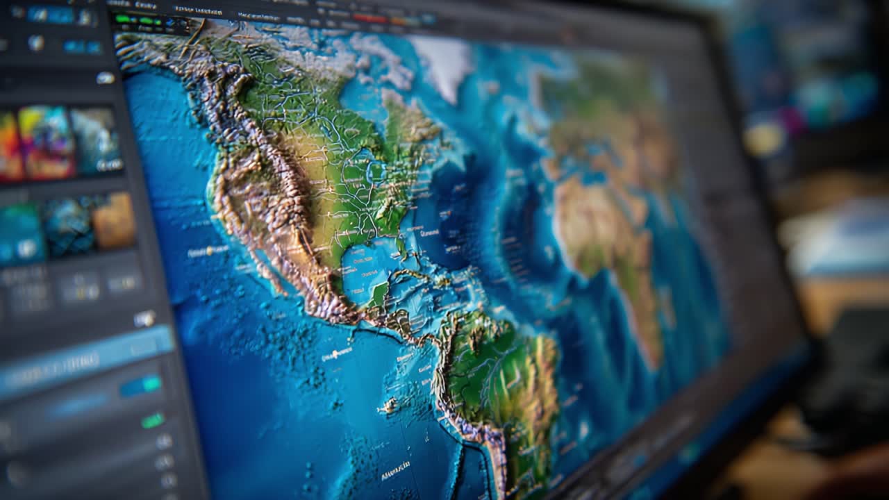 Detailed Digital Map of North and South America on Computer Screen Showcasing Geographic Features and Terrain Elevations with a Vivid Ocean Background