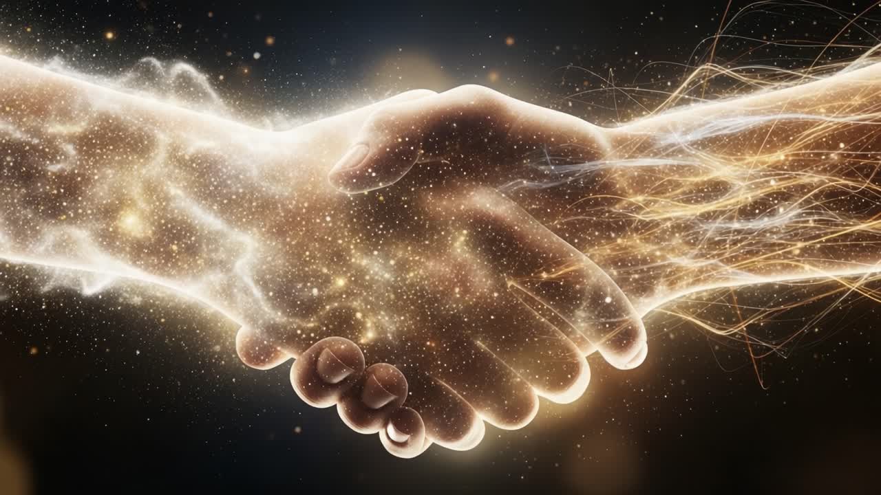 An Ethereal Exchange: Two Hands Intertwine in a Grasp of Cosmic Energy, Symbolizing Unity and Connection Through the Power of a Handshake