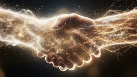 an ethereal exchange: two hands intertwine in a grasp of cosmic energy, symbolizing unity and connection through the power of a handshake