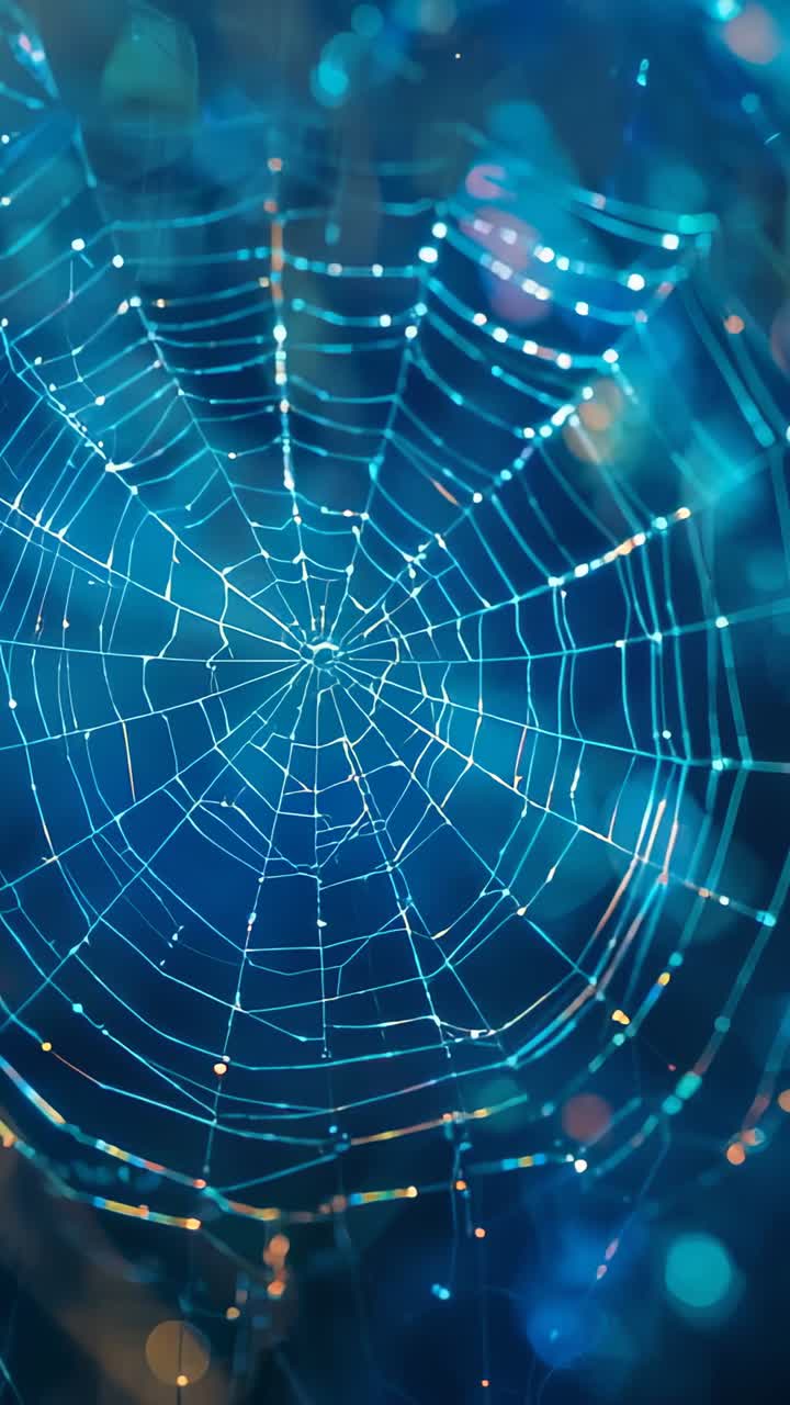 Vertical video: Spider web catching shifting light in garden, with dew droplets scattering color