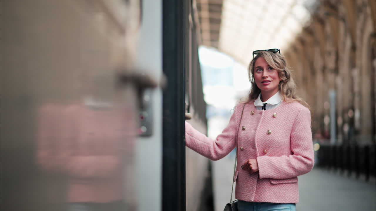 Woman in a pink blazer walking through the Nice train station in France