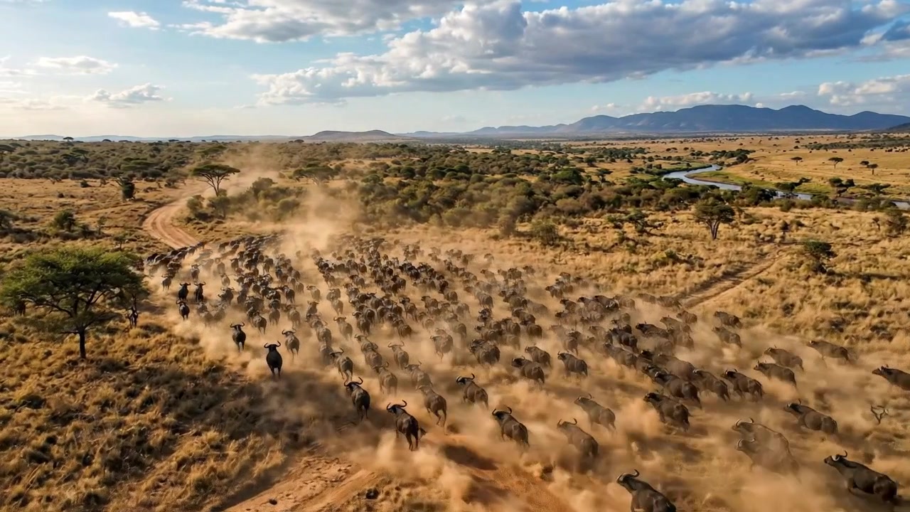 Luftaufnahme einer großen Büffelherde, die über die afrikanische Savanne rennt