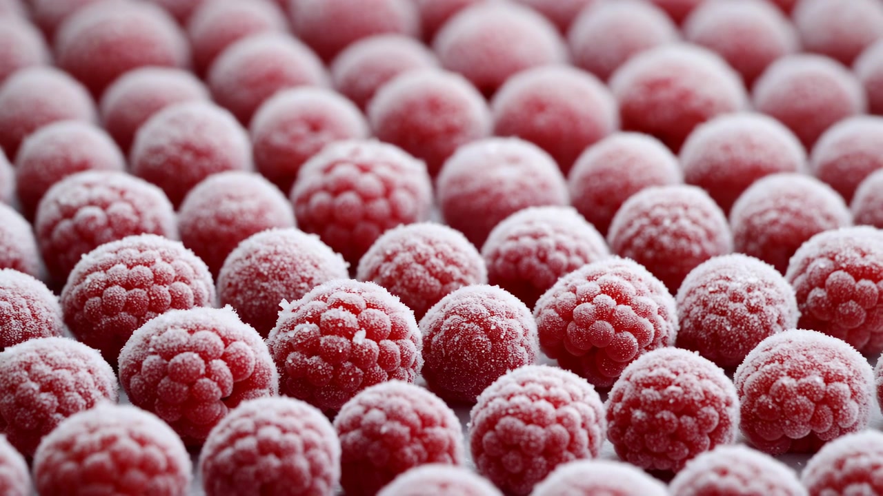 A stunning macro close-up of frozen raspberries, showcasing their frosty surface and vibrant red color against a clean white background. food photography and culinary arts, this C.