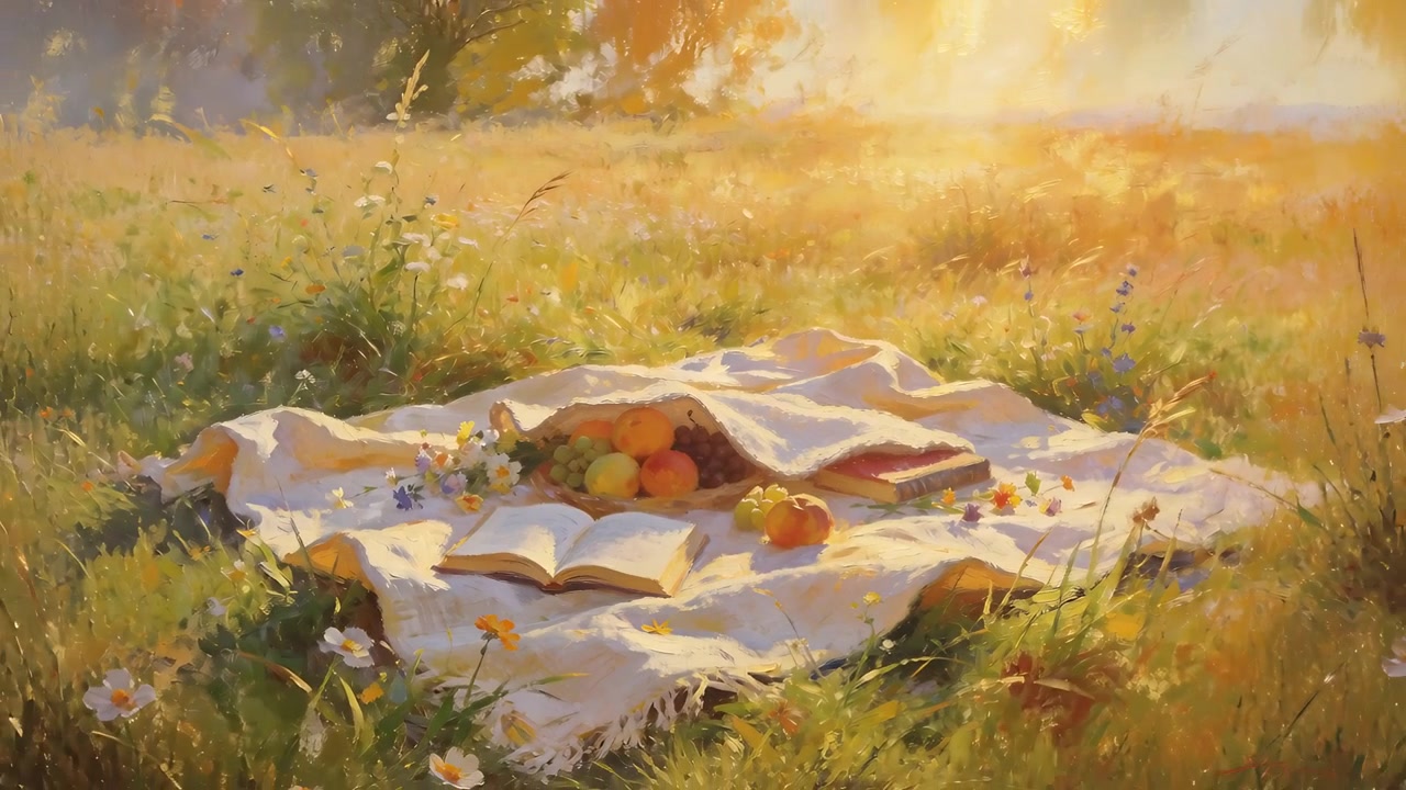 Breeze lifting light-colored picnic blanket in meadow, sheltering fruit and settling open book