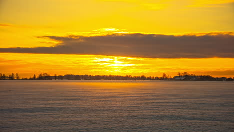 Picturesque-winter-landscape-with-leafless-trees-and-mystical-fog-during-golden-sunset-in-backdrop