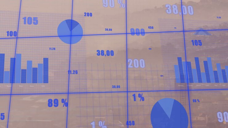 Animation af statistisk databehandling over netværksgitter mod luftfoto af bylandskab.