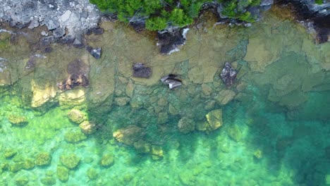 stunning top view of rocky coast of georgian bay with turquoise lake and dense forest in ontario, canada