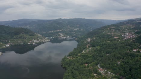 Aerial-view-of-Douro-river-in-Baião,-Portugal-at-cloudy-day