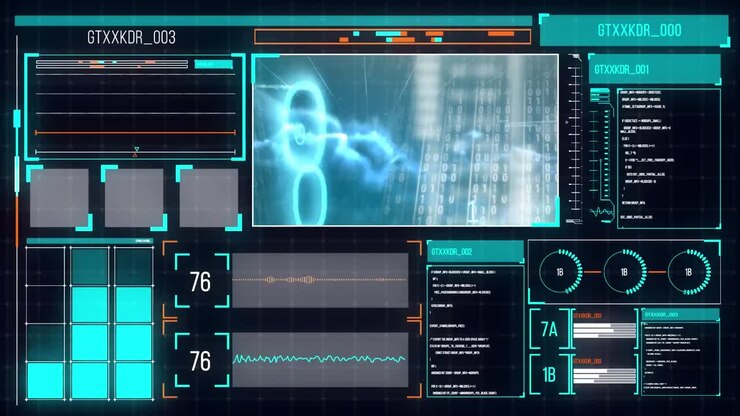 Animation of digital interface with data processing against black background