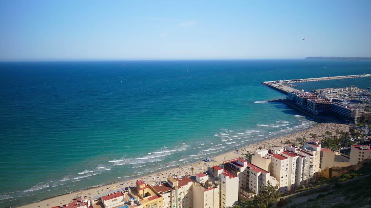 Wide view of Postiguet Beach and the Mediterranean from Santa Barbara Castle, Alicante, Spain