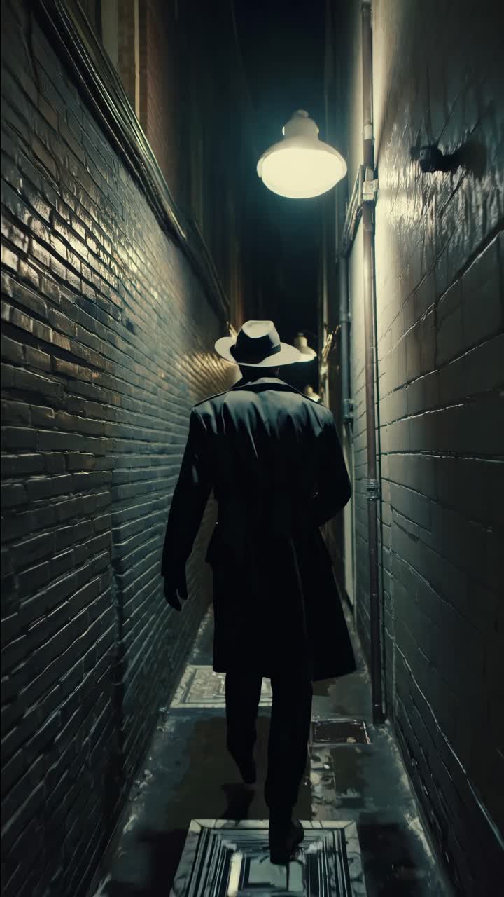 Scena video d'atmosfera di una figura misteriosa con un impermeabile e un cappello che cammina lungo un vicolo poco illuminato.