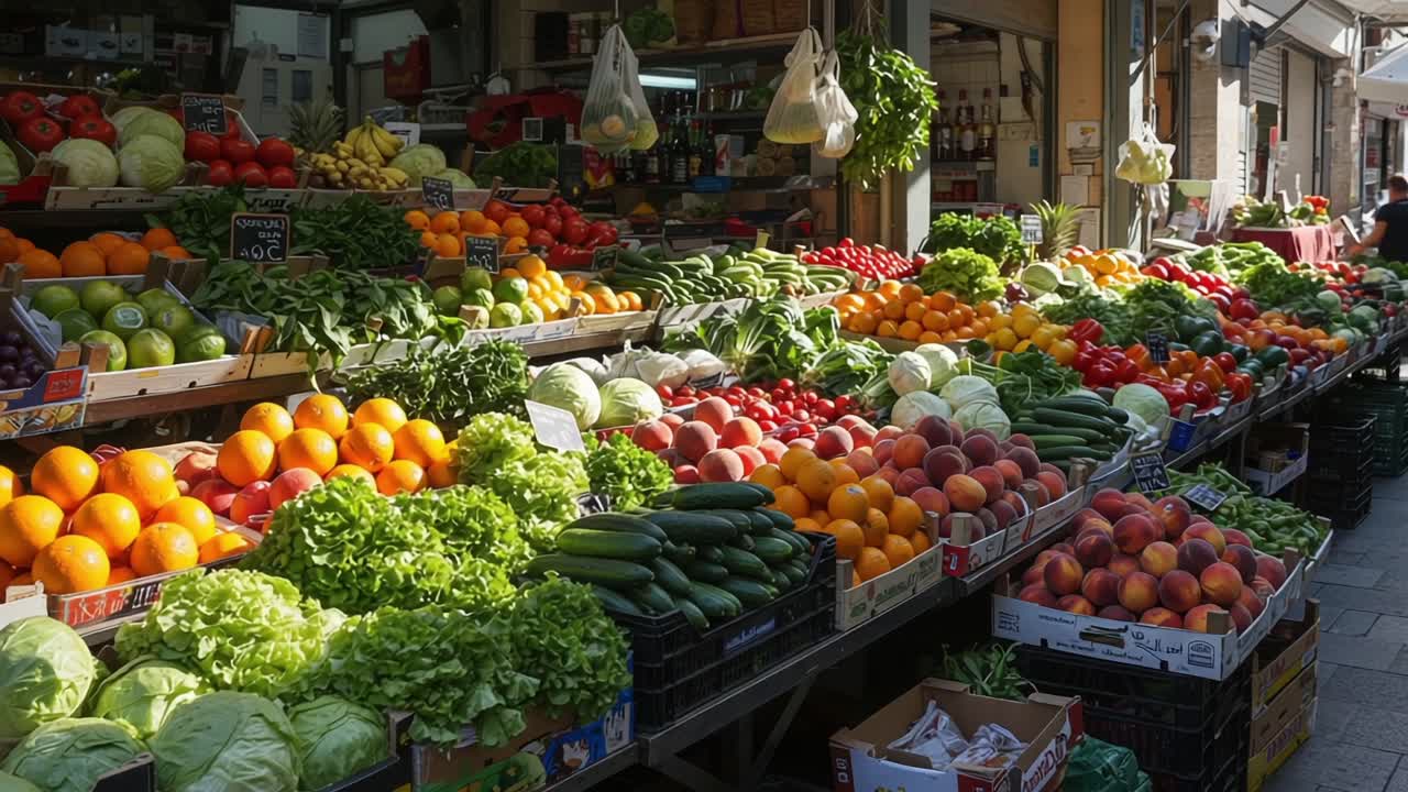 A Vibrant Display of Fresh Fruits and Vegetables at a Local Market, Showcasing Nature's Bounty in Vivid Colors and Visible Freshness in Every Detail