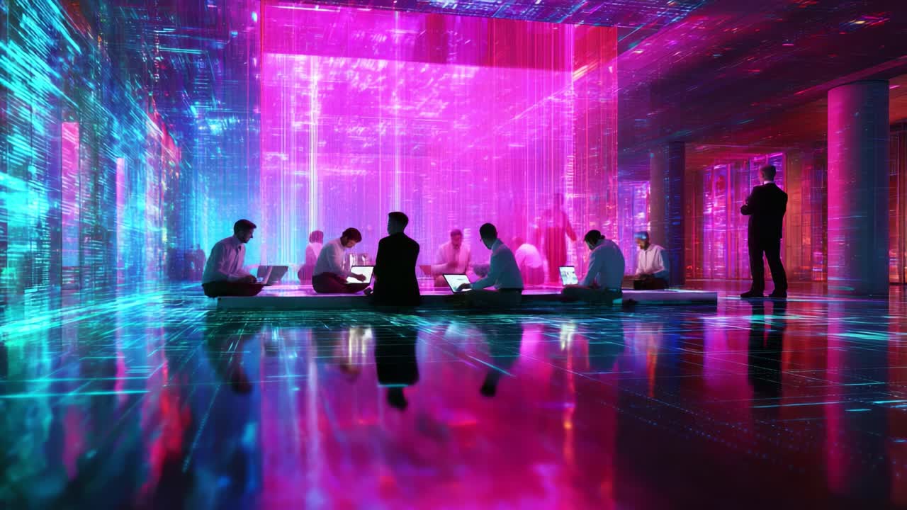 A dynamic gathering of professionals immersed in a vibrant, digital environment, showcasing collaborative efforts through glowing visuals and reflections in a high-tech space