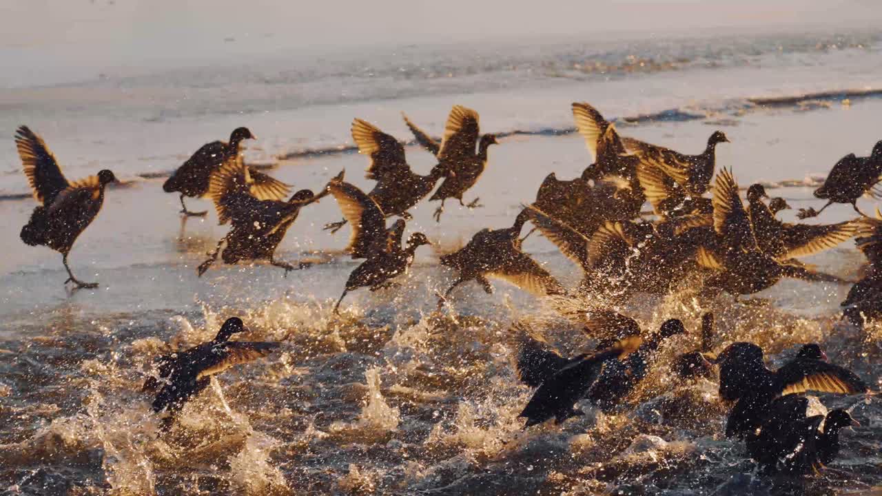 encubierta de fochas euroasiáticas en la playa causando conmoción durante la hora dorada