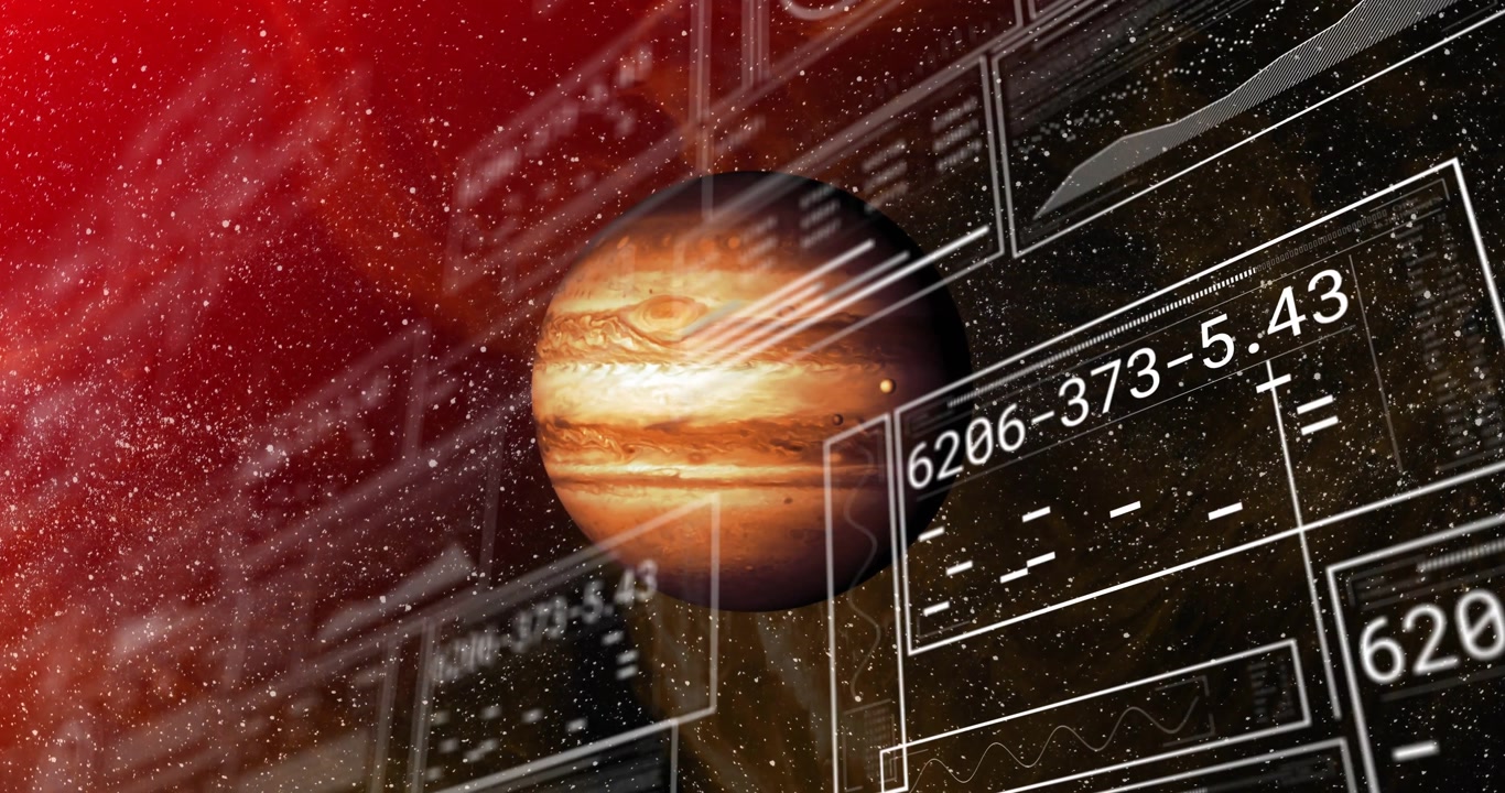 On red nebula opening 3D gas giant planet emerging HUD panels sliding in pulsing numeric monitoring