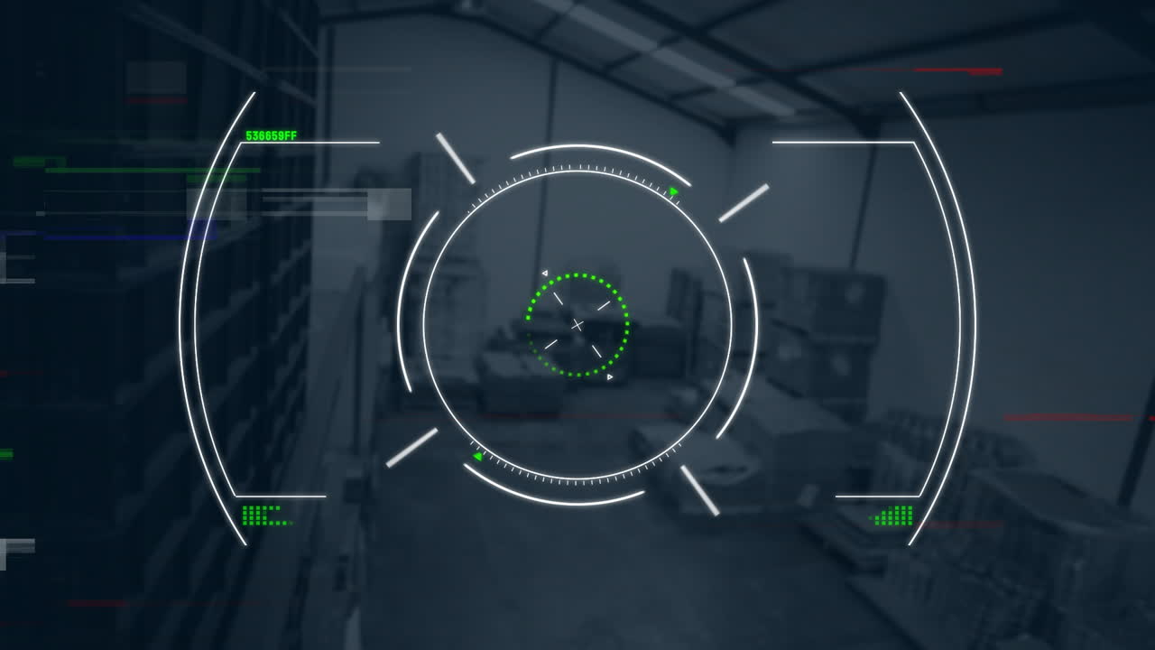 Animation overlaying warehouse shelves and boxes with digital targeting interface