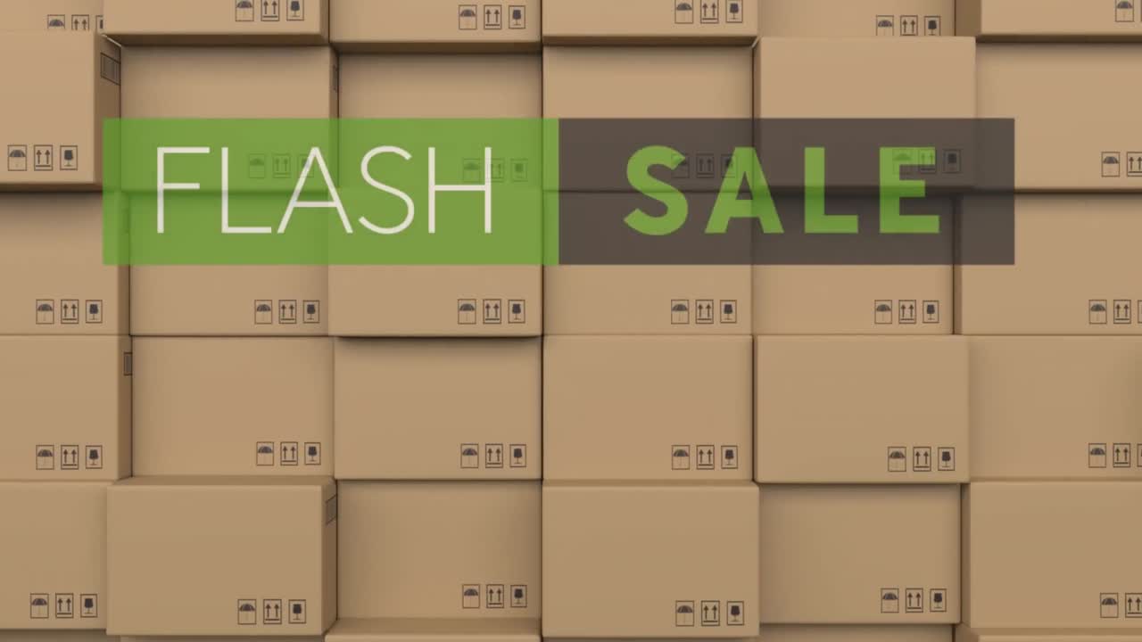 카드보드 상자  ⁇ 어리 위에 플래시 판매 텍스트의 애니메이션