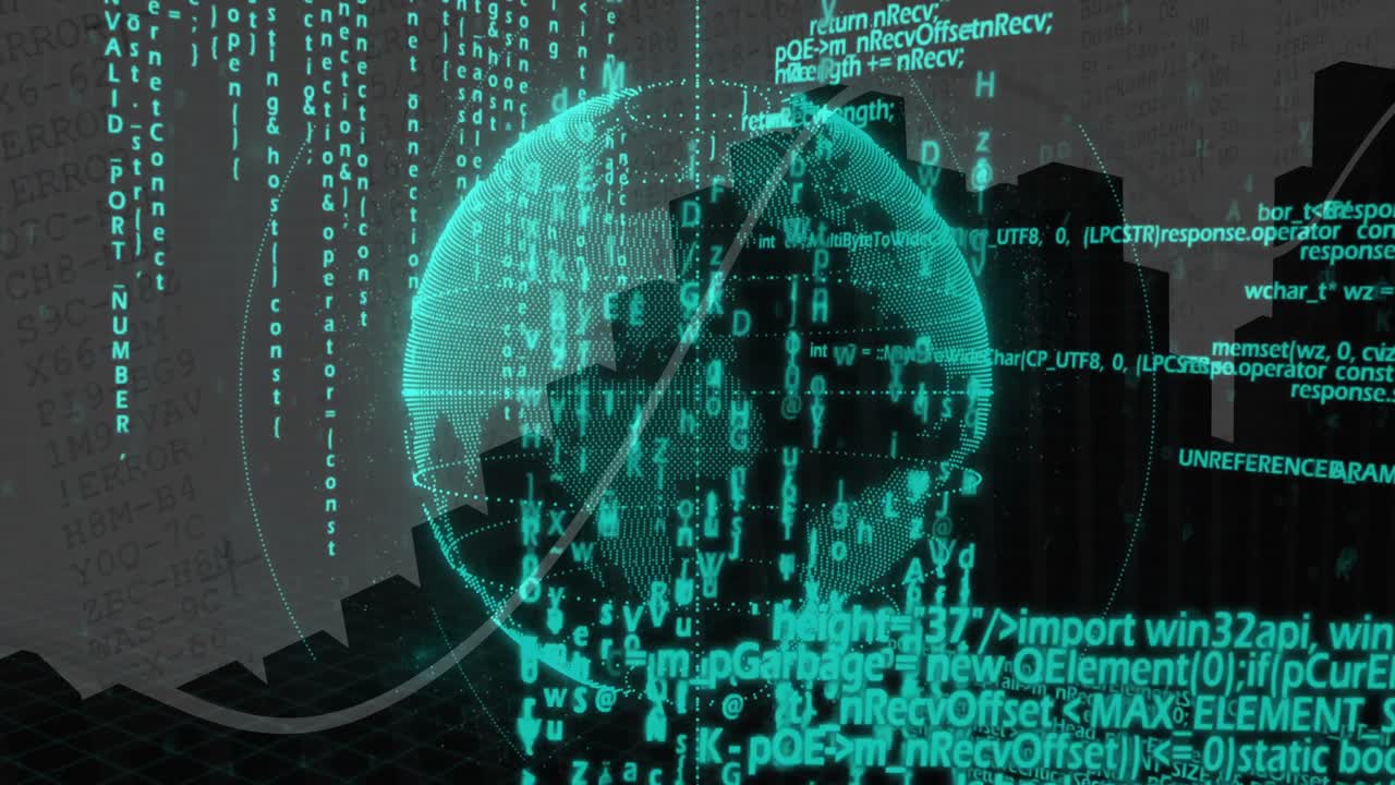 At launch wireframe globe emerging, rotating with orbiting rings, code streams visualizing data