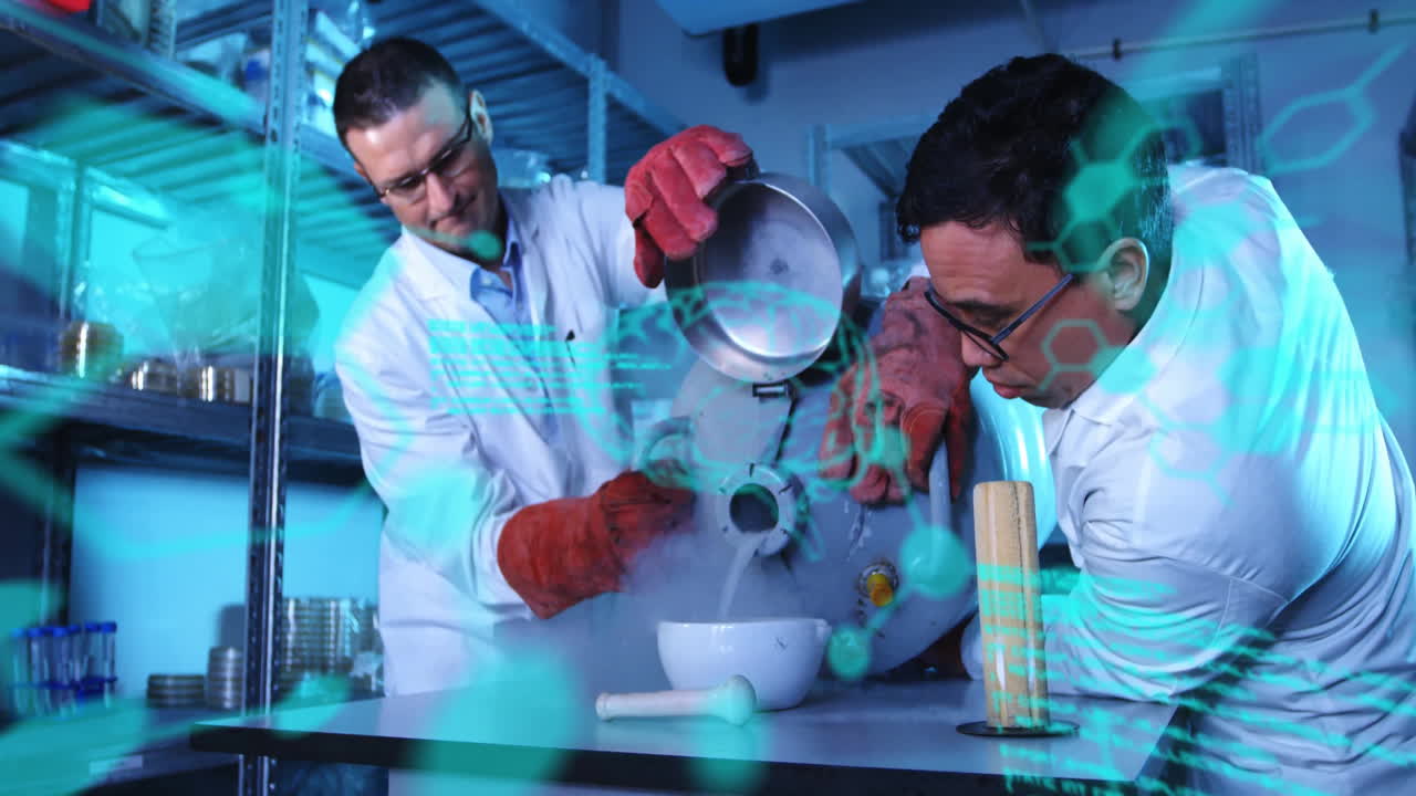animación de fórmulas químicas y procesamiento de datos sobre diversos científicos que hacen experimentos