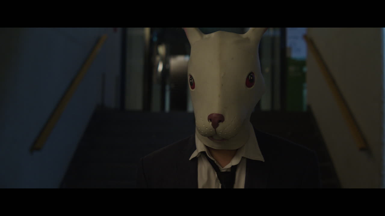 Man walking down a corridor with a rabbit head