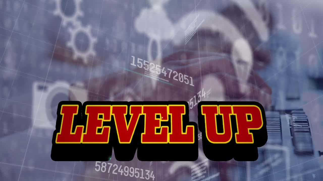 숫자, 디지털 아이콘 및 데이터 처리에 대한 레벨 업 텍스트의 애니메이션