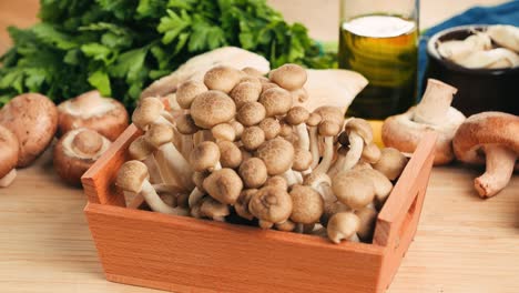 assortment of mushrooms with herbs and oil