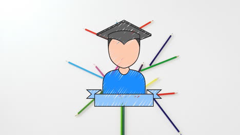 animación del icono del graduado sobre lápices sobre fondo blanco