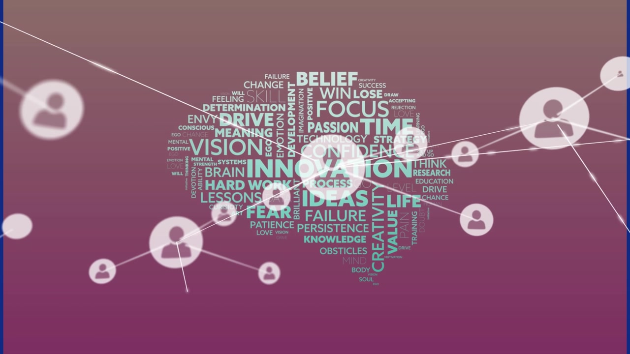 Animation of network of profile icons over human brain made of business concept texts