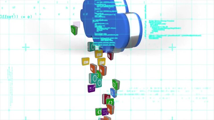 Animation einer blauen Wolke mit digitalen Symbolen und Datenverarbeitung