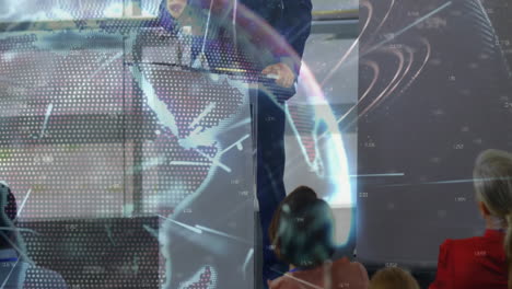 in school, diverse audience watching animation with digital data and graphics overlay