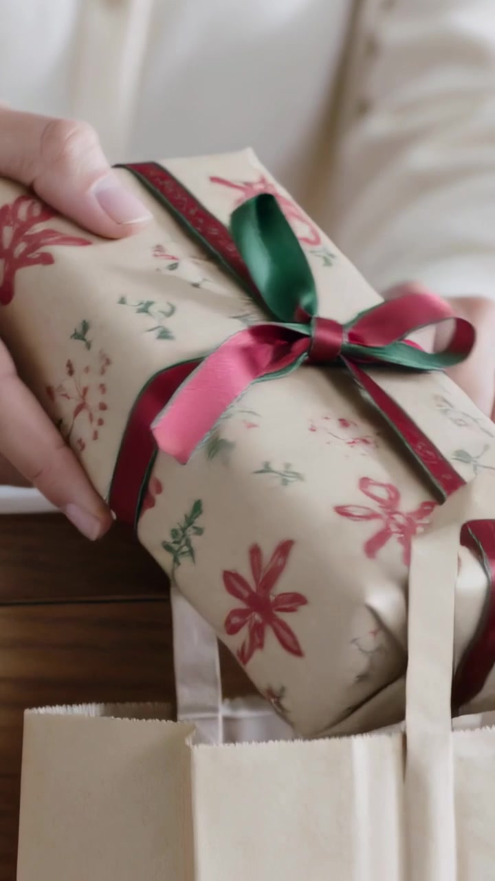 Video verticale: Mostrando un fiocco, un adulto in camicia color crema che ripone un regalo in una borsa di carta marrone su un tavolo di legno.