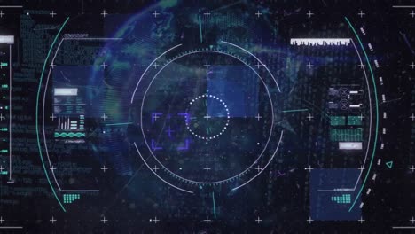 animation of light trails and scope scanning over globe of plexus networks and data processing