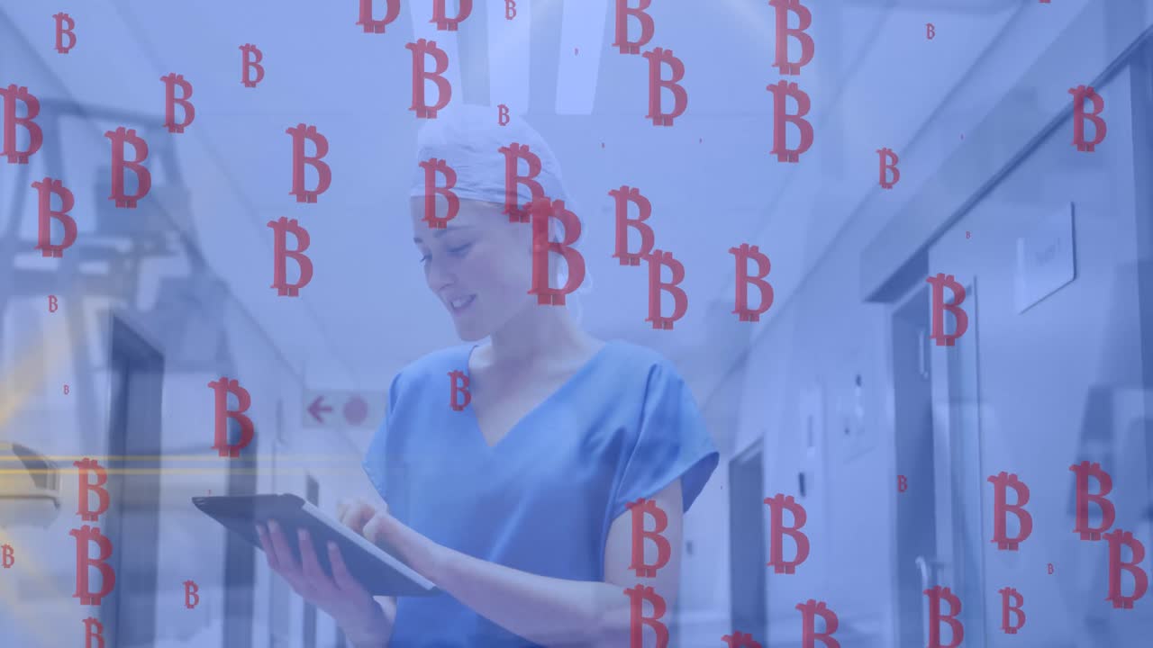 Animation of bitcoins sings failing over caucasian female doctor