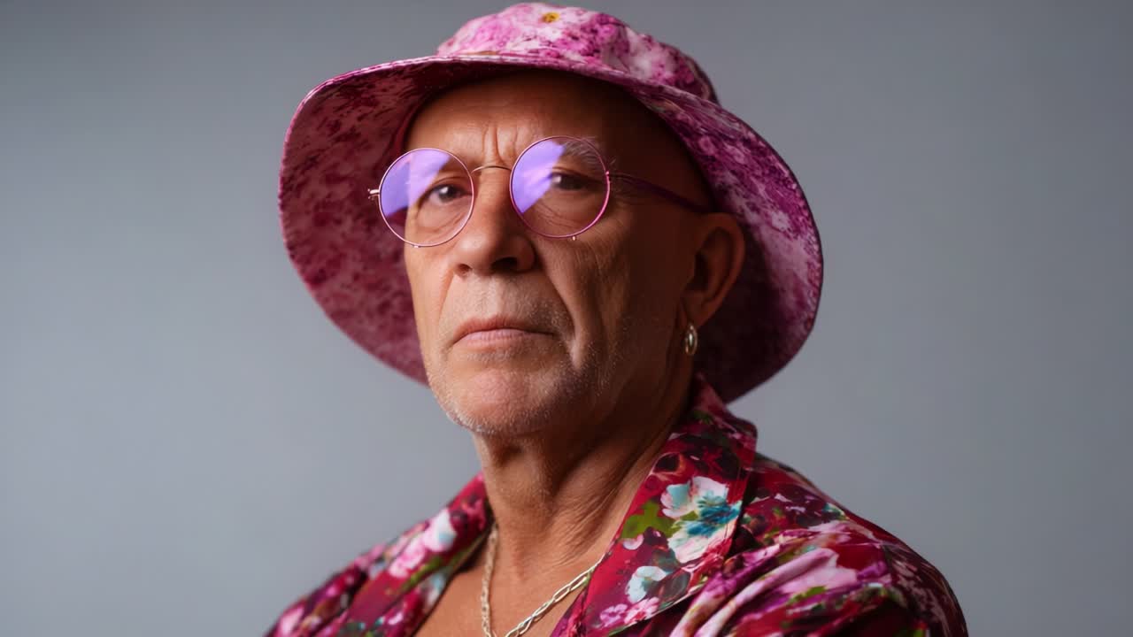 Un ritratto espressivo di un uomo anziano con una colorata camicia floreale e un cappello rosa fantasia, che mostra un atteggiamento sicuro e contemplativo su uno sfondo neutro