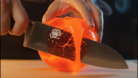 cutting a glowing molten orb