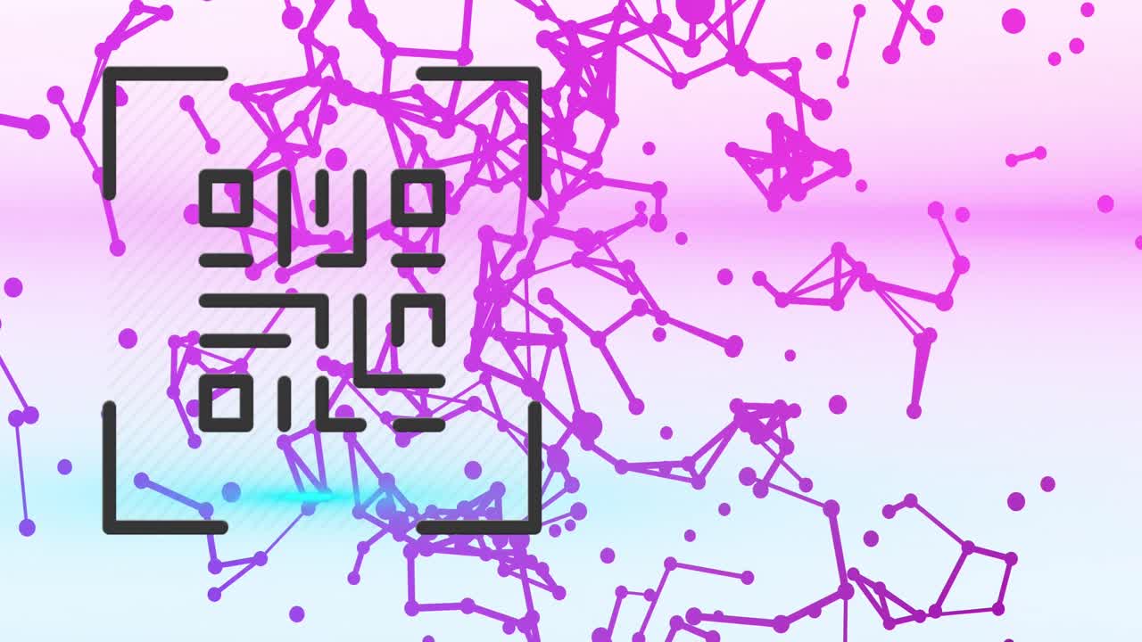 animación del código qr sobre puntos y conexiones en fondo rosa y azul