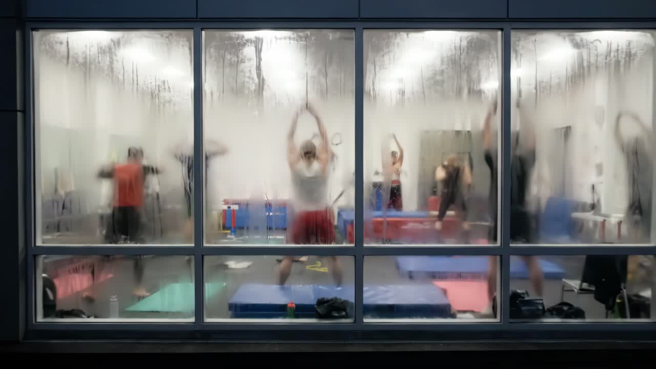 Vista borrosa de personas entrenando dentro de un gimnasio a través de una ventana mojada
