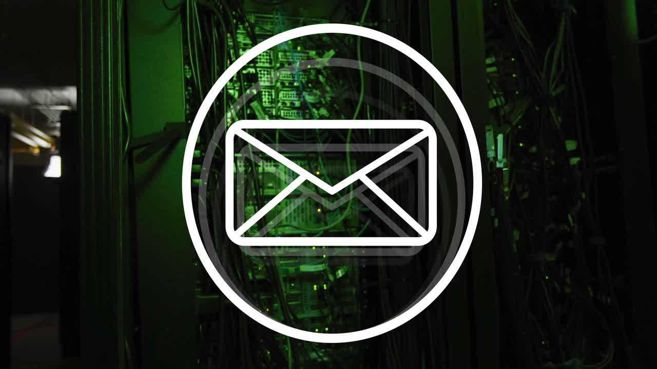 Animation of email icon and digital data processing over computer servers