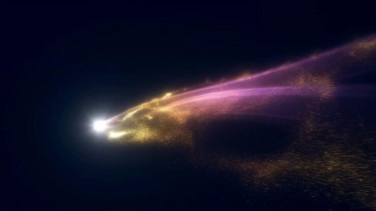Gold specks swirl beneath narrow pink and violet light trails extending rightward from bright white glow, forming changing curved patterns across dark navy background with open space above.